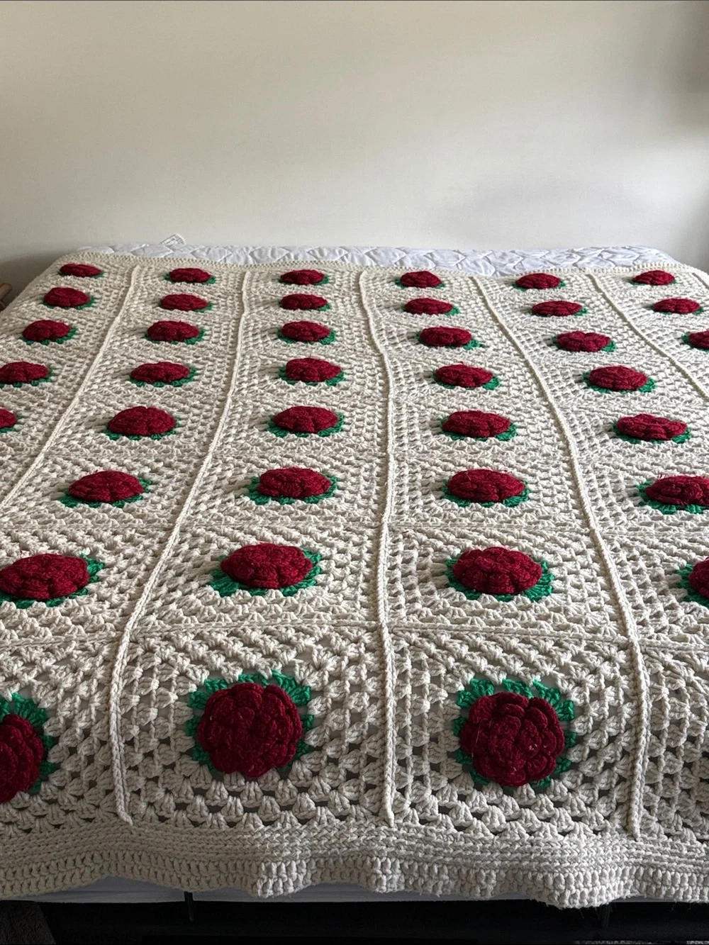 Handmade Cream Crochet Rose Blanket